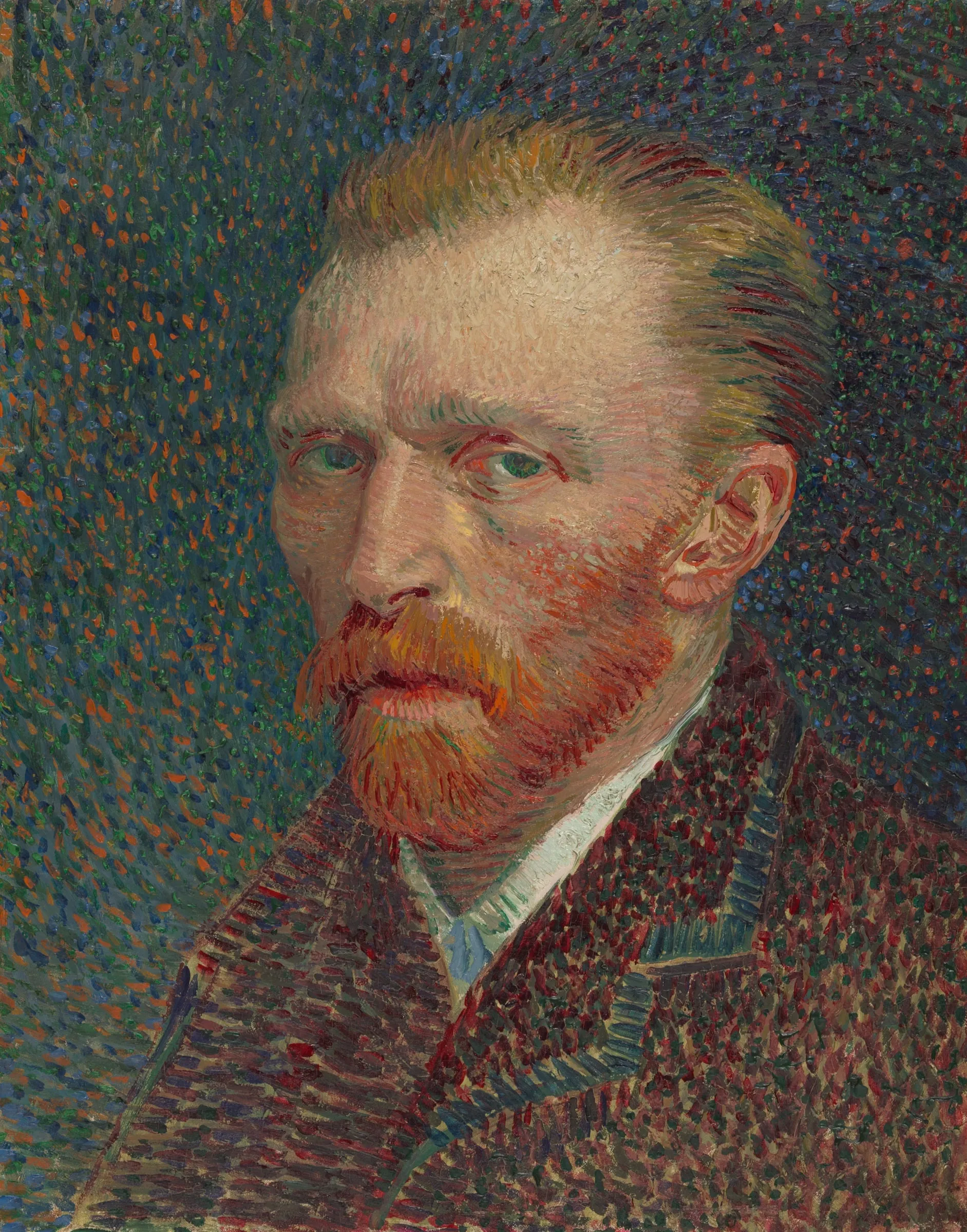 Painting of a red-haired, bearded man with light skin, painted in short brushstrokes and multicolored dots. The background is likewise a mass of small, closely spaced colored dots, these in green, blue, and red-orange.